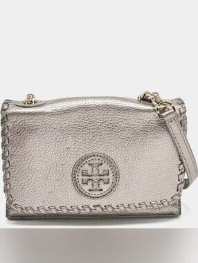 TORY BURCH "Marion" Small Mini Gray Metallic Peppled Leather Crossbody Bag